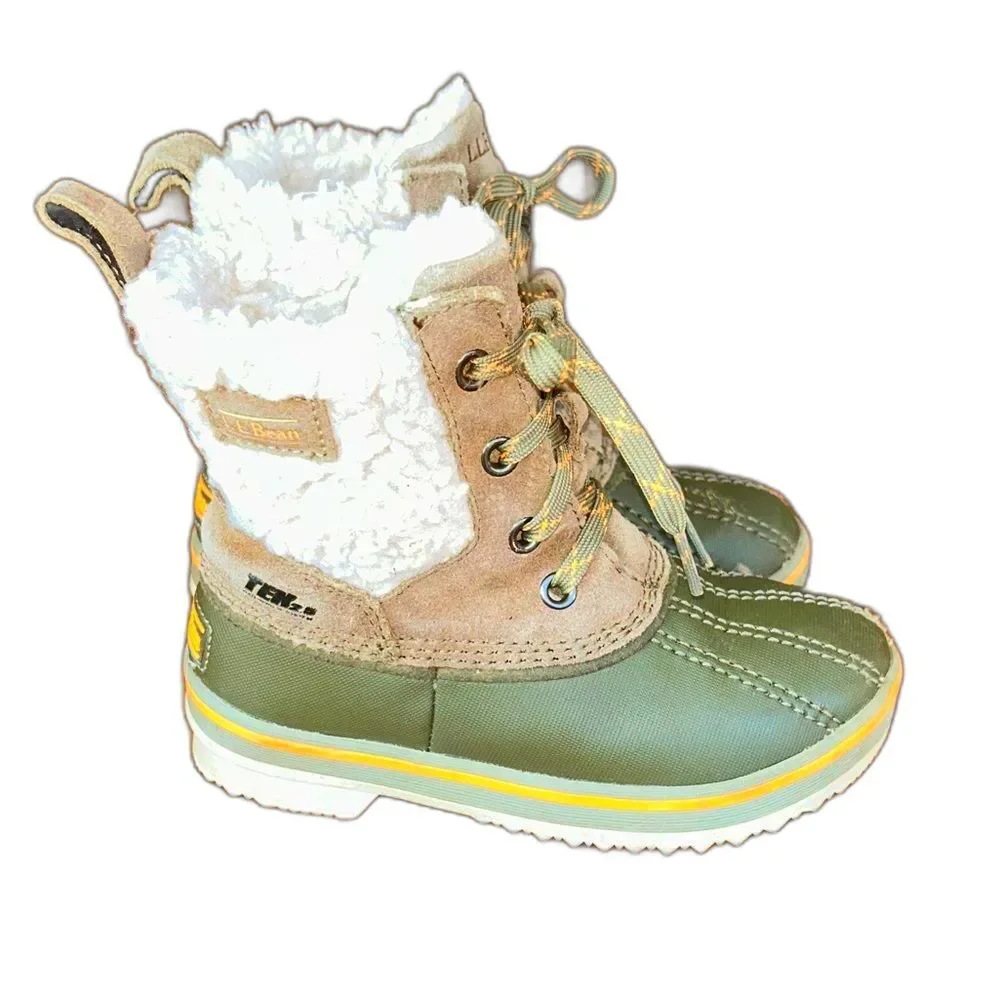 L.L. Bean Kids Boots Toddler Size 11 BoysOlive Green Tan Sherpa Snow Rain Shoes